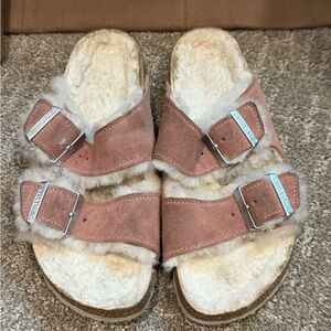 Birkenstock Blush Suede Shearling Sandals
